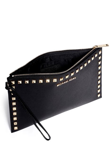 michael kors clutch black leather with rhinestone rose